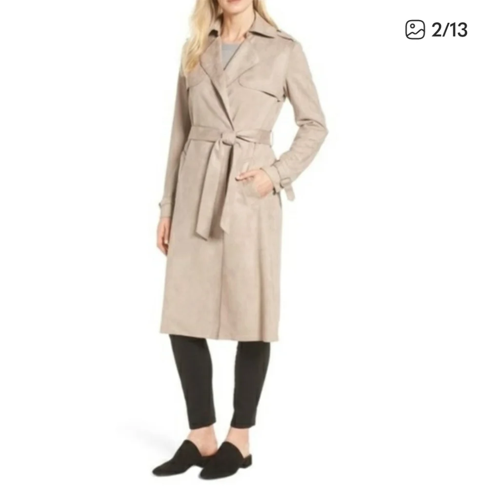 T Tahari Plus Size Mel Faux Suede Classic Trench Coat Light Taupe - Picture 15 of 15